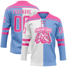 Load image into Gallery viewer, Custom Powder Blue Pink-White Split Fashion Hockey Lace Neck Jersey
