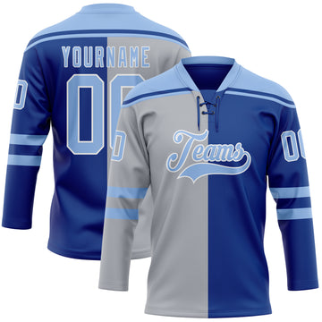 Custom Royal Light Blue Gray-White Split Fashion Hockey Lace Neck Jersey