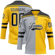 Charger l'image dans la galerie, Custom Yellow Black Gray-White Split Fashion Hockey Lace Neck Jersey

