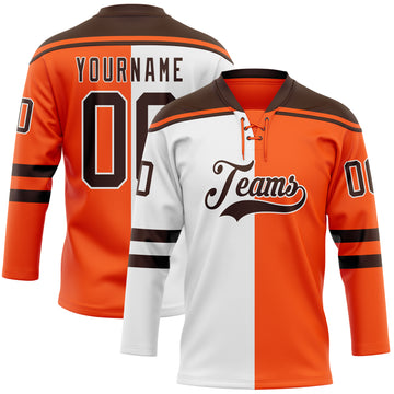 Custom Orange Brown-White Split Fashion Hockey Lace Neck Jersey