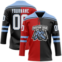 Charger l'image dans la galerie, Custom Black White Red-Light Blue Split Fashion Hockey Lace Neck Jersey
