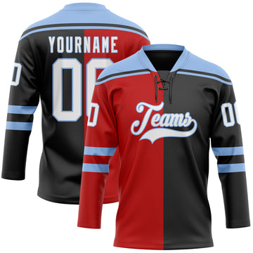 Custom Black White Red-Light Blue Split Fashion Hockey Lace Neck Jersey