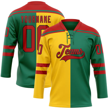 Custom Kelly Green Red Yellow-Black Split Fashion Hockey Lace Neck Jersey