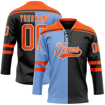 Custom Black Orange Powder Blue-White Split Fashion Hockey Lace Neck Jersey