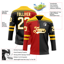 Charger l'image dans la galerie, Custom Black White Red-Yellow Split Fashion Hockey Lace Neck Jersey
