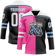 Charger l'image dans la galerie, Custom Black White Pink-Light Blue Split Fashion Hockey Lace Neck Jersey
