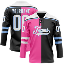 Charger l'image dans la galerie, Custom Black White Pink-Light Blue Split Fashion Hockey Lace Neck Jersey

