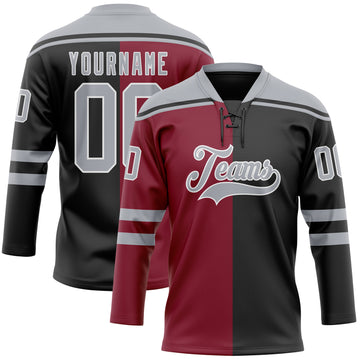 Custom Black Gray Crimson-White Split Fashion Hockey Lace Neck Jersey