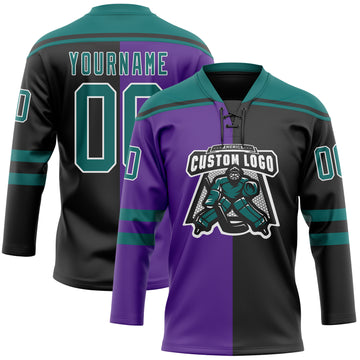 Custom Black Teal Purple-White Split Fashion Hockey Lace Neck Jersey