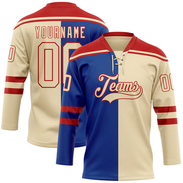 Custom Cream Royal-Red Split Fashion Hockey Lace Neck Jersey