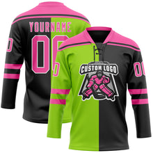 Charger l'image dans la galerie, Custom Black Pink Neon Green-White Split Fashion Hockey Lace Neck Jersey
