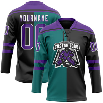 Custom Black Purple Teal-White Split Fashion Hockey Lace Neck Jersey