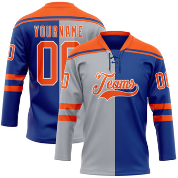 Custom Royal Orange Gray-White Split Fashion Hockey Lace Neck Jersey