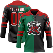 Load image into Gallery viewer, Custom Black Red Kelly Green-White Split Fashion Hockey Lace Neck Jersey
