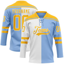 Load image into Gallery viewer, Custom Light Blue Gold-White Split Fashion Hockey Lace Neck Jersey
