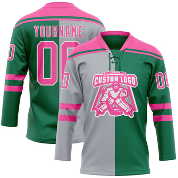 Custom Kelly Green Pink Gray-White Split Fashion Hockey Lace Neck Jersey