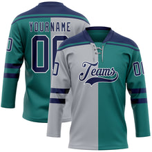 Laden Sie das Bild in den Galerie-Viewer, Custom Teal Navy Gray-White Split Fashion Hockey Lace Neck Jersey
