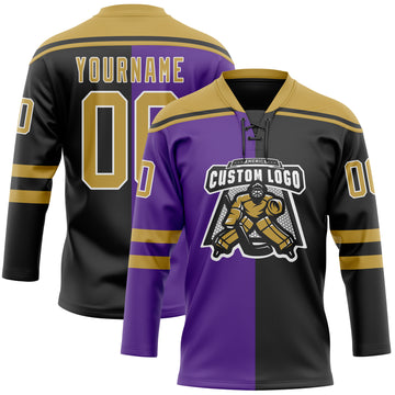 Custom Black Old Gold Purple-White Split Fashion Hockey Lace Neck Jersey