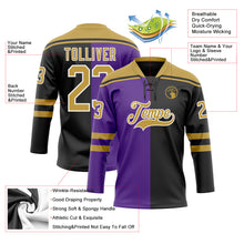 Load image into Gallery viewer, Custom Black Old Gold Purple-White Split Fashion Hockey Lace Neck Jersey
