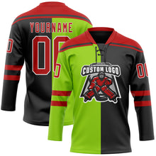 Laden Sie das Bild in den Galerie-Viewer, Custom Black Red Neon Green-White Split Fashion Hockey Lace Neck Jersey
