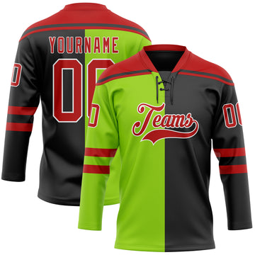 Custom Black Red Neon Green-White Split Fashion Hockey Lace Neck Jersey