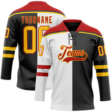 Charger l'image dans la galerie, Custom Black Yellow White-Red Split Fashion Hockey Lace Neck Jersey
