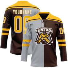 Laden Sie das Bild in den Galerie-Viewer, Custom Brown Gold Gray-White Split Fashion Hockey Lace Neck Jersey
