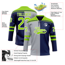 Charger l'image dans la galerie, Custom Navy Neon Green Gray-White Split Fashion Hockey Lace Neck Jersey
