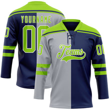 Charger l'image dans la galerie, Custom Navy Neon Green Gray-White Split Fashion Hockey Lace Neck Jersey
