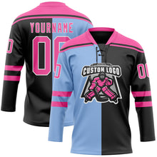 Laden Sie das Bild in den Galerie-Viewer, Custom Black Pink Light Blue-White Split Fashion Hockey Lace Neck Jersey
