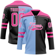 Laden Sie das Bild in den Galerie-Viewer, Custom Black Pink Light Blue-White Split Fashion Hockey Lace Neck Jersey
