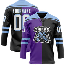 Charger l'image dans la galerie, Custom Black White Purple-Light Blue Split Fashion Hockey Lace Neck Jersey
