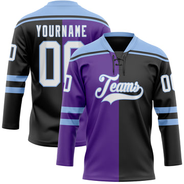 Custom Black White Purple-Light Blue Split Fashion Hockey Lace Neck Jersey