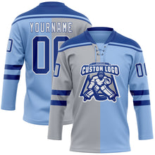 Load image into Gallery viewer, Custom Light Blue Royal Gray-White Split Fashion Hockey Lace Neck Jersey
