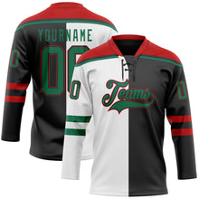 Charger l'image dans la galerie, Custom Black Kelly Green White-Red Split Fashion Hockey Lace Neck Jersey
