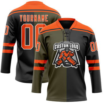 Custom Black Orange Olive-White Split Fashion Hockey Lace Neck Jersey