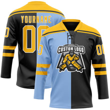 Load image into Gallery viewer, Custom Black Gold Light Blue-White Split Fashion Hockey Lace Neck Jersey
