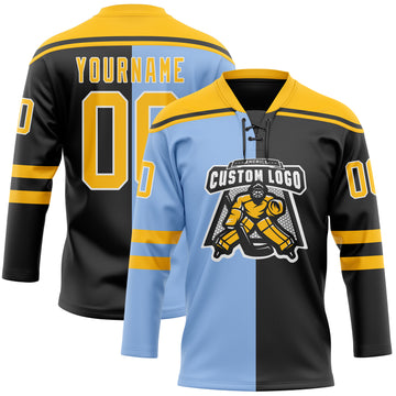 Custom Black Gold Light Blue-White Split Fashion Hockey Lace Neck Jersey