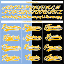 Load image into Gallery viewer, Custom Black Gold Light Blue-White Split Fashion Hockey Lace Neck Jersey
