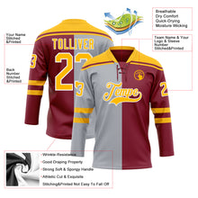 Charger l'image dans la galerie, Custom Crimson Gold Gray-White Split Fashion Hockey Lace Neck Jersey
