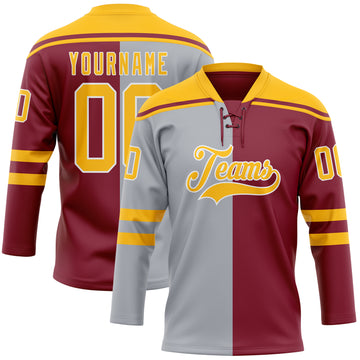 Custom Crimson Gold Gray-White Split Fashion Hockey Lace Neck Jersey
