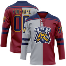 Charger l'image dans la galerie, Custom Crimson Navy Gray-Gold Split Fashion Hockey Lace Neck Jersey
