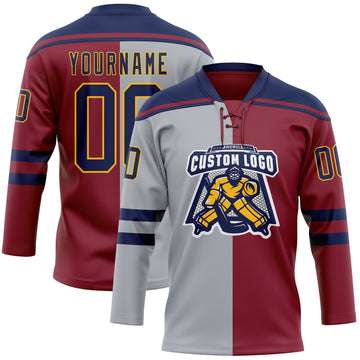 Custom Crimson Navy Gray-Gold Split Fashion Hockey Lace Neck Jersey