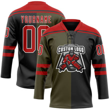 Charger l'image dans la galerie, Custom Black Red Olive-White Split Fashion Hockey Lace Neck Jersey
