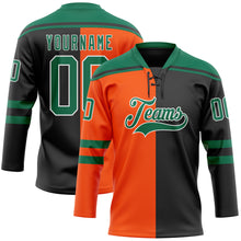 Charger l'image dans la galerie, Custom Black Kelly Green Orange-White Split Fashion Hockey Lace Neck Jersey
