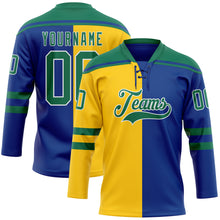 Load image into Gallery viewer, Custom Royal Kelly Green Yellow-White Split Fashion Hockey Lace Neck Jersey
