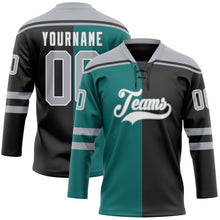Laden Sie das Bild in den Galerie-Viewer, Custom Black Gray Teal-White Split Fashion Hockey Lace Neck Jersey
