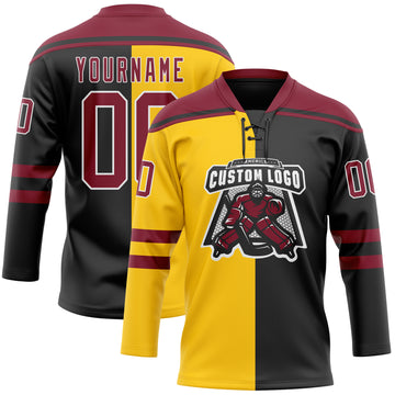 Custom Black Crimson Yellow-White Split Fashion Hockey Lace Neck Jersey