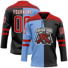 Charger l'image dans la galerie, Custom Black Red Powder Blue-White Split Fashion Hockey Lace Neck Jersey
