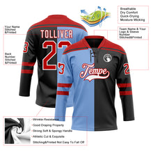 Charger l'image dans la galerie, Custom Black Red Powder Blue-White Split Fashion Hockey Lace Neck Jersey

